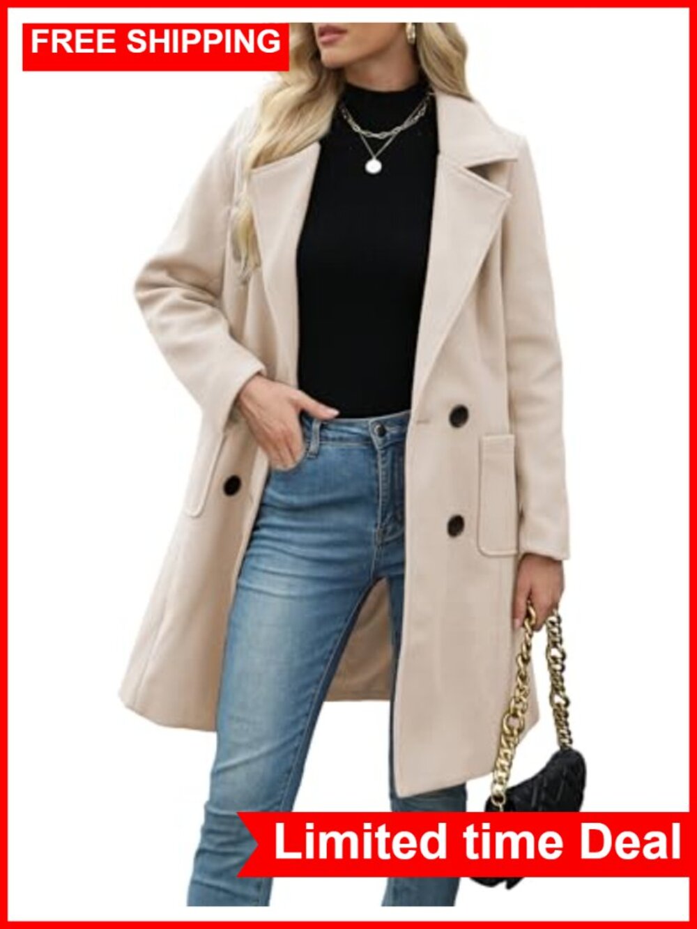 Wool Blend Mid-Long Double-Breasted Pea Coat Notch Lapel Winter